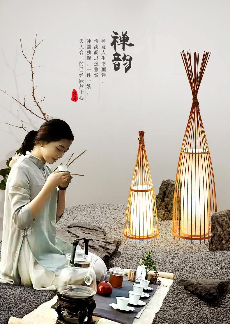 Natural Bamboo Standing Floor Lamp Cottage Wood Bamboo Shade Fabric Shade Floor Lamp (WH-WFL-04)