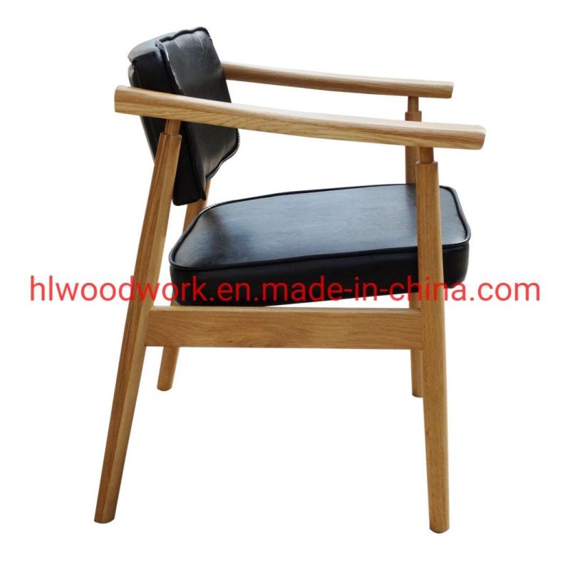 Leisure Chair Dining Chair Oak Wood Frame Natural Color Black PU Cushion Dining Room Chair