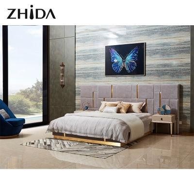 Zhida Foshan Home Furniture Supplier Luxury Italian Design Bedroom King Size Velvet Bed with Gold Metal Decoration Headboard Wall