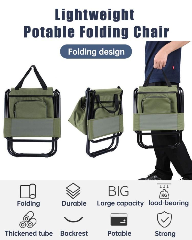 Outdoor Folding Fishing Portable Camping Stool Foldable Chair with Double Layer Oxford Fabric Cooler Bag