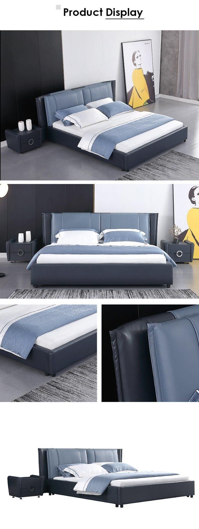 Modern Bedroom Furniture High Quality Blue Leather King Bed