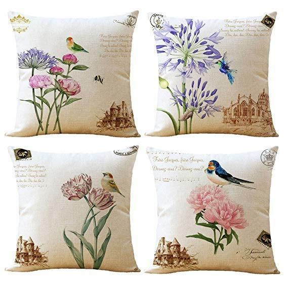 Cozy Bird Flower Printing Square Throw Cushion on Sofa Linen Fabric