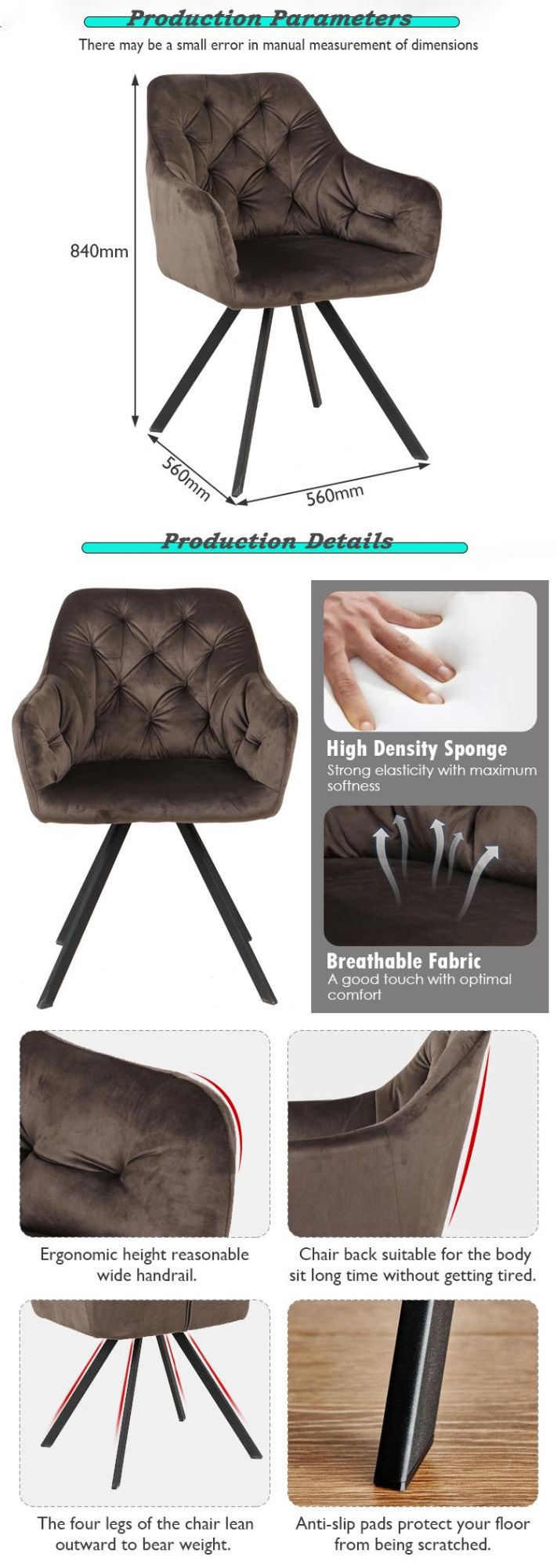 Modern Home Restaurant Cafe Bar Furniture Comfortable Upholstered Velvet Dining Chair with Metal Legs
