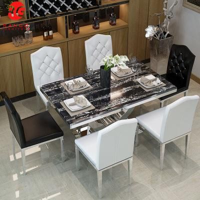 Dining Table with Premiere Grey Fabric Knockerback Chairs Grey Marble and Stainless Steel Chrome