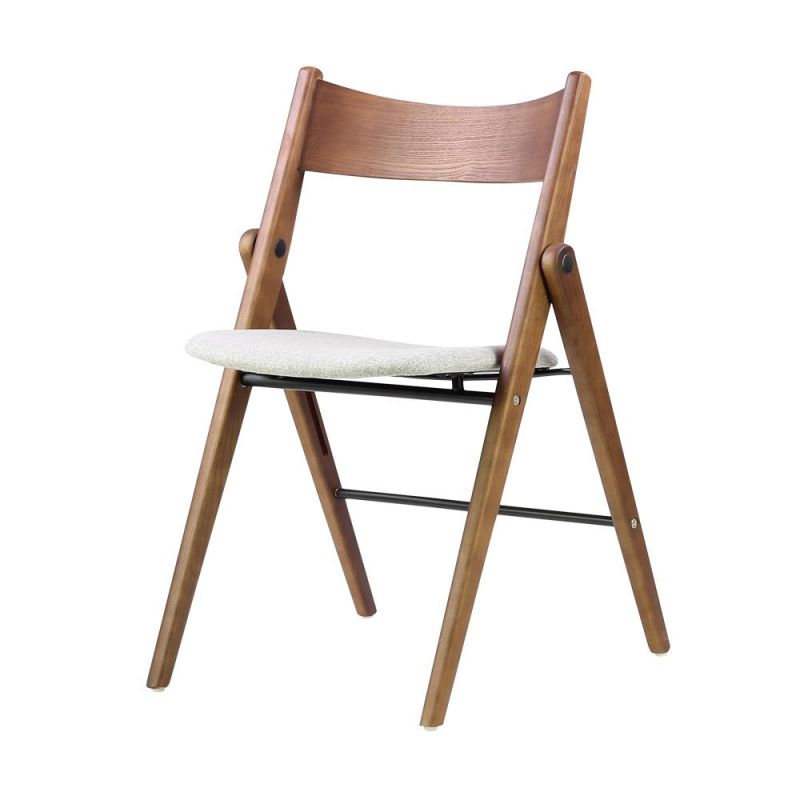 Oak Wood Color Wooden Frame Grey Fabric Seat Foldable Dining Chair for Cafe Shop Use