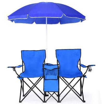 Double Folding Camping, Fishing Beach Chair with Removable Umbrella Table Cooler Bag