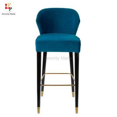 Commercial Blue Height Bar Stool Furniture Fabric Upholstered Restaurant Stool with Brass Footrest