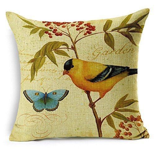 Cozy Bird Printing Throw Cushion on Sofa Linen Fabric