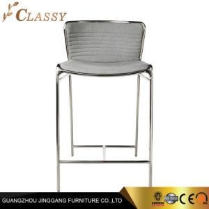 Bar Stools Chair in Grey Cotton Fabric and Silver Mirror Polished Stainless Steel Frame