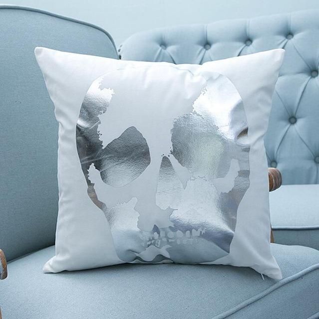 Cool Skull Sofa Cushion with Metallic Printing in White Black Fabric