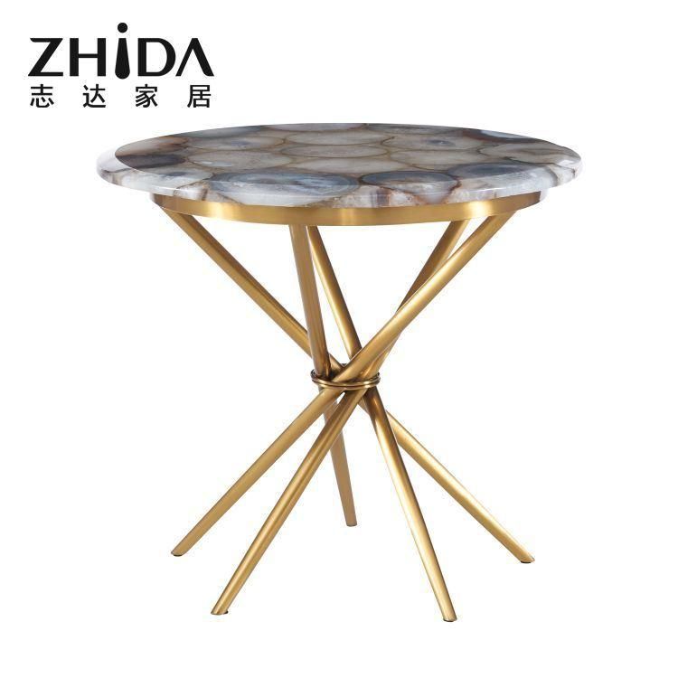 Foshan Factory Wholesale Gold-Plated Round Coffee Table Home Furniture Living Room Stainless Steel Leg Corner Marble Side Table