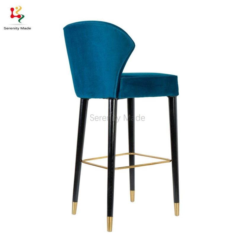 Commercial Blue Height Bar Stool Furniture Fabric Upholstered Restaurant Stool with Brass Footrest
